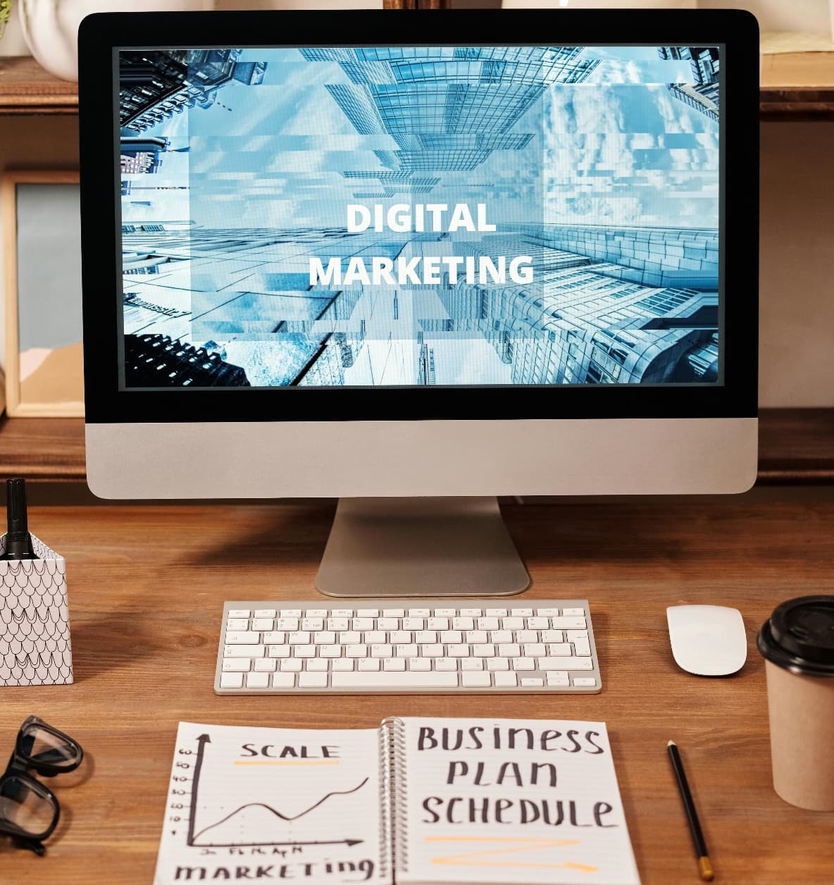 Computer with digital marketing on the screen for an SEO consultant.